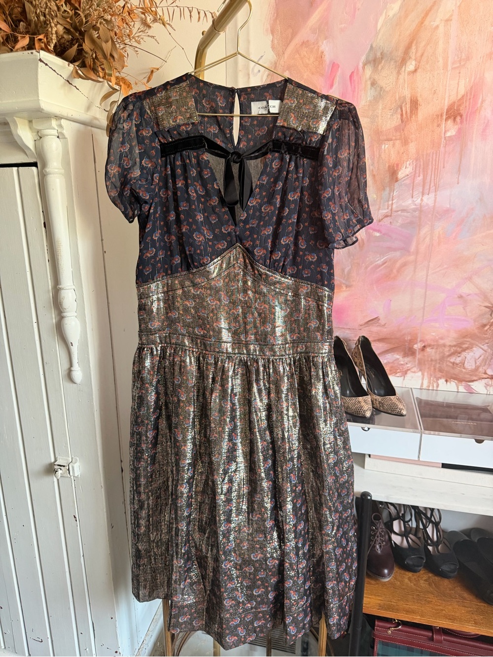 Coach Metallic Floral Black Dress with Tie Neck